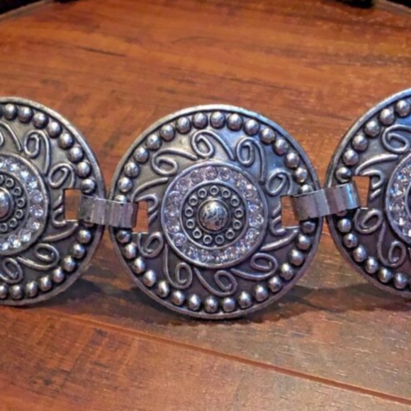 VINTAGE Stone Disc Filigree Black Leather Belt - Picture 7 of 11